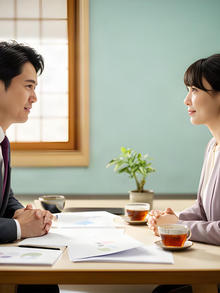 相談員と顧客が資料を挟んで落ち着いて話す相談室
