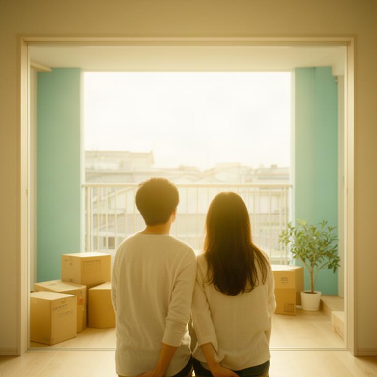 新しい暮らしの予定を確認する若い夫婦の後ろ姿