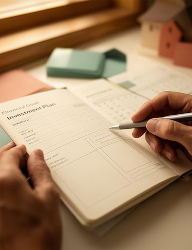 家計の目標と投資計画を書き込んだノートを確認する手元