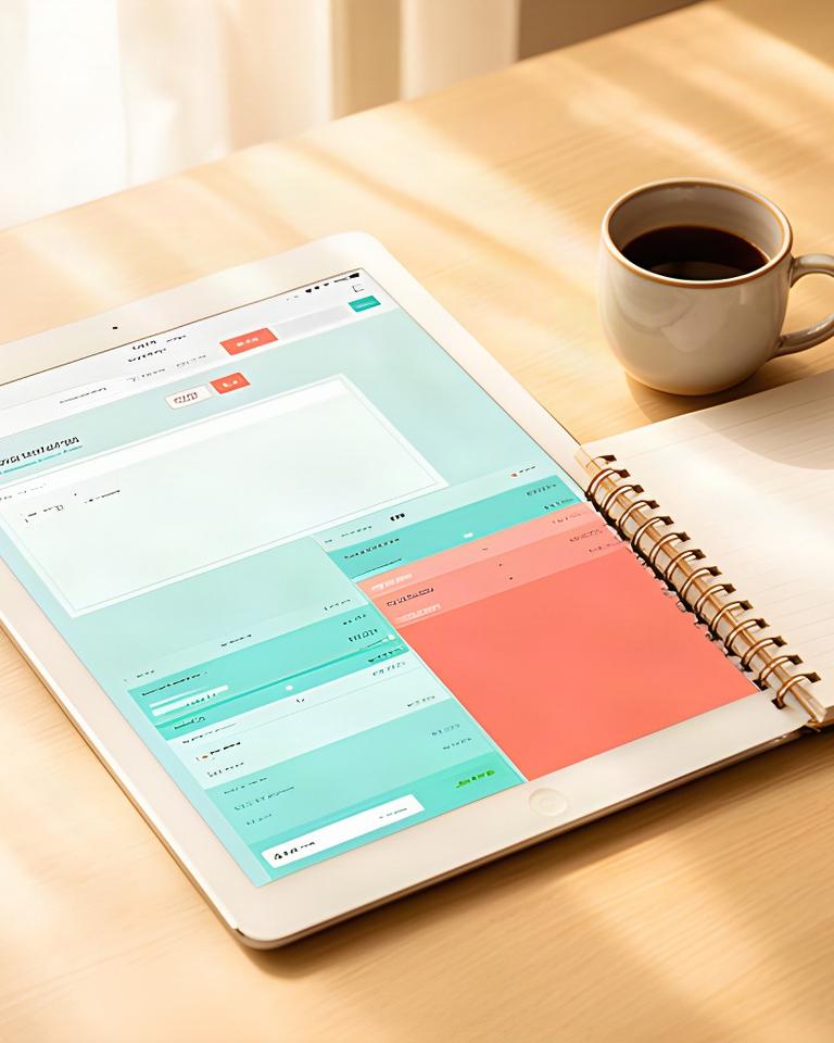 毎月の積立設定を確認するタブレットと家計ノートがある明るいテーブル