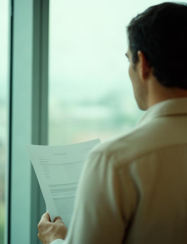 窓の外を見ながら投資計画を読み返す落ち着いた人物の後ろ姿