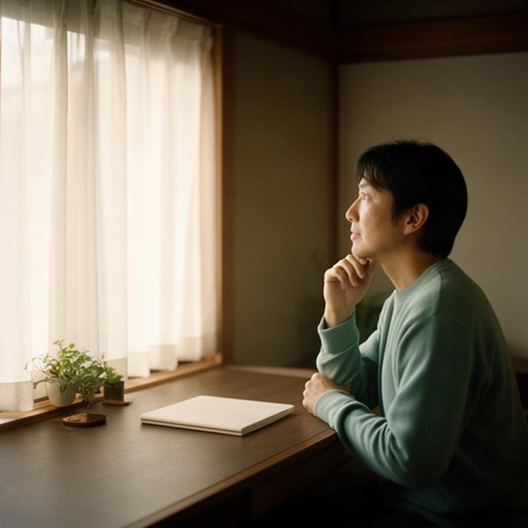 窓辺で長期の資産形成を考える人物と静かな午後の光