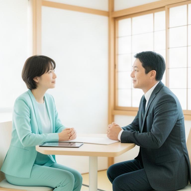 金融相談の席で担当者と話す利用者、明るく静かな長崎のオフィス