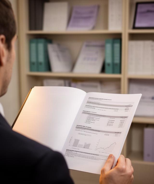著作権表示のある投資レポートを確認する担当者、整理された資料棚の前