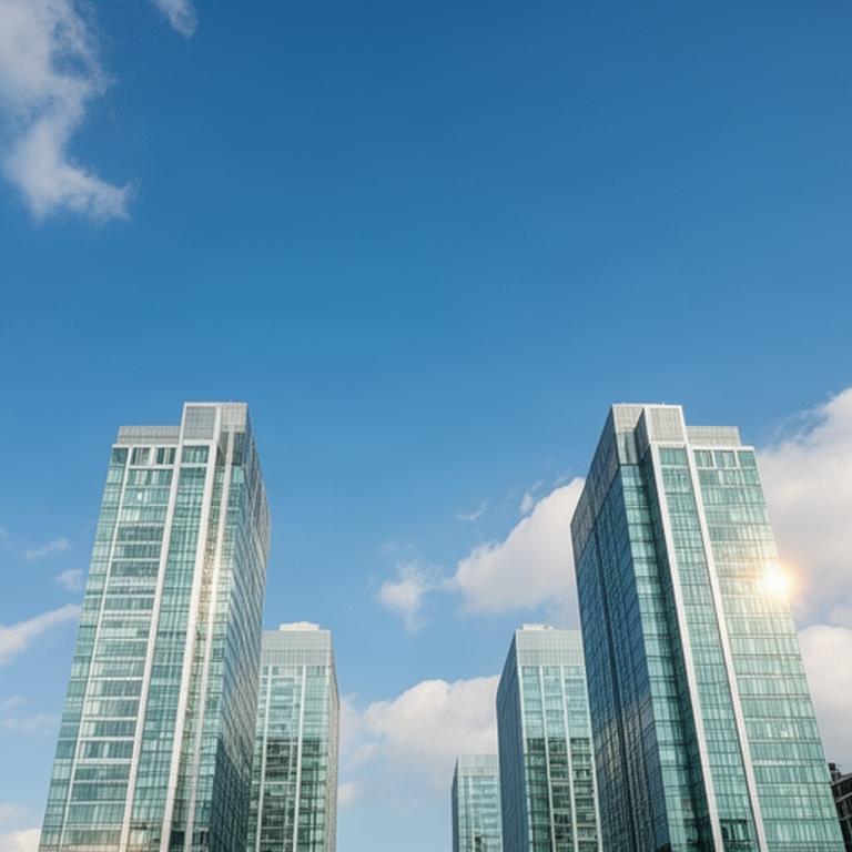企業活動を象徴する都市の高層ビル群と青空